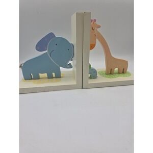 Wooden Safari Animal Nursery Bookends Elephant Giraffe Blue Peach Kids Decor